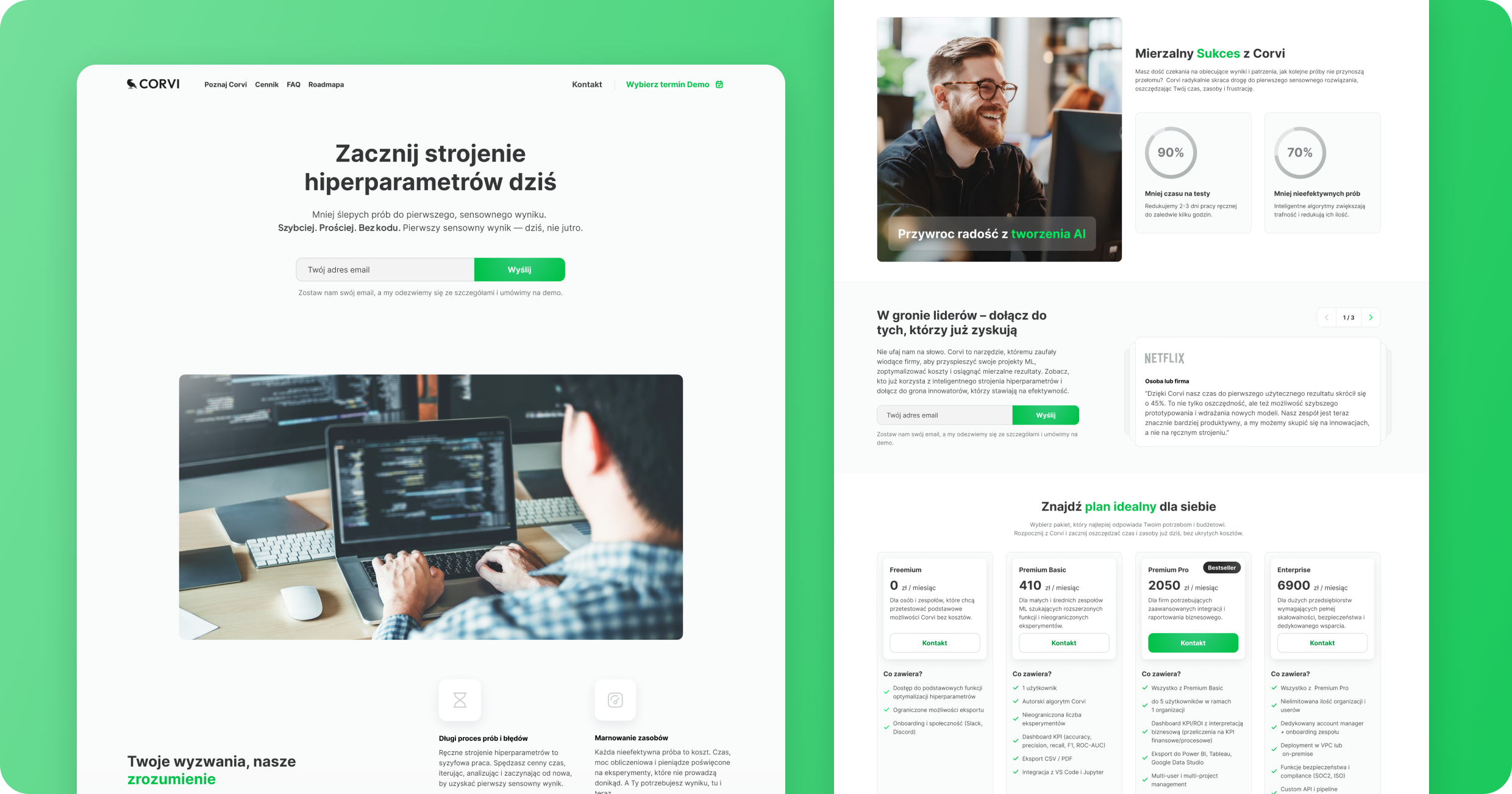 Projekt Landing Page Corvi SAAS/platforma AI. Zielono-biała szata graficzna, sekcje CTA, statystyki sukcesu i tabela cenowa.